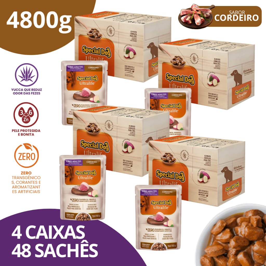 Kit 4 Caixa Sachê Adultos Raças Pequenas Sabor Cordeiro 100g - Special Dog Ultralife