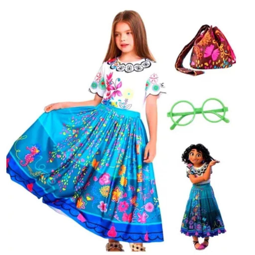 Fantasia Infantil Encanto Mirabel Princesas Vestido + Bolsa + Óculos