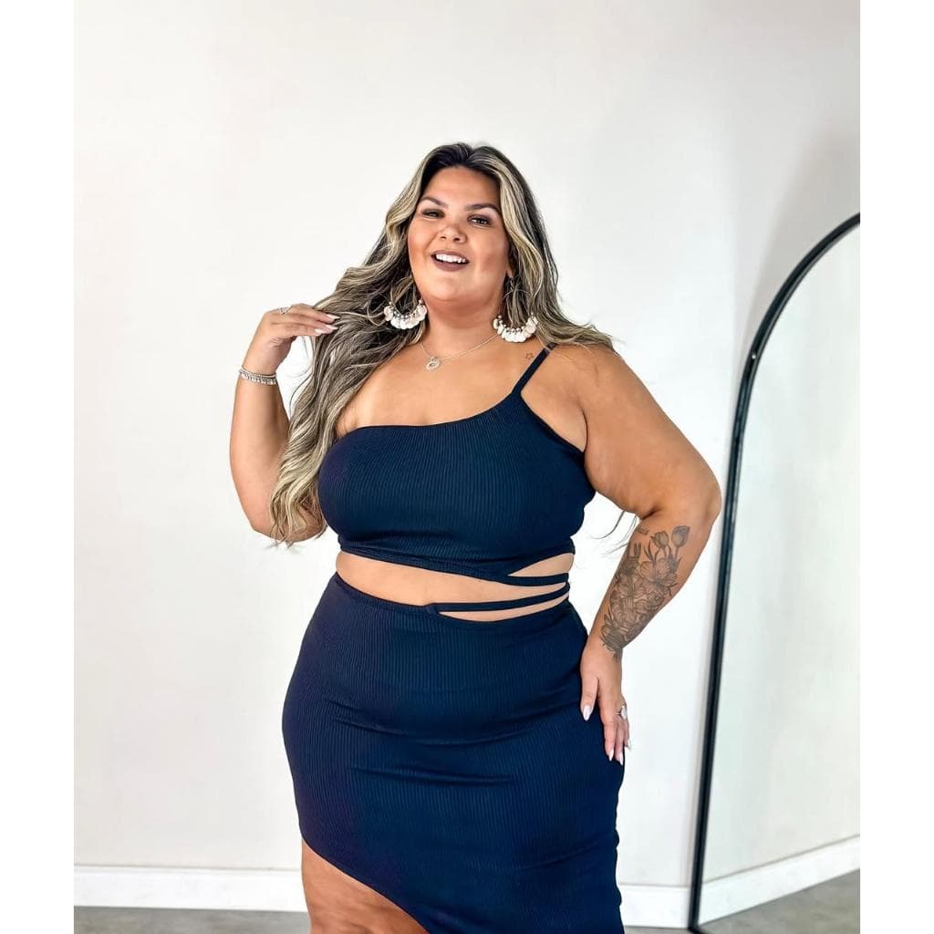Conjunto Feminino Cropped E Saia Midi Plus Size