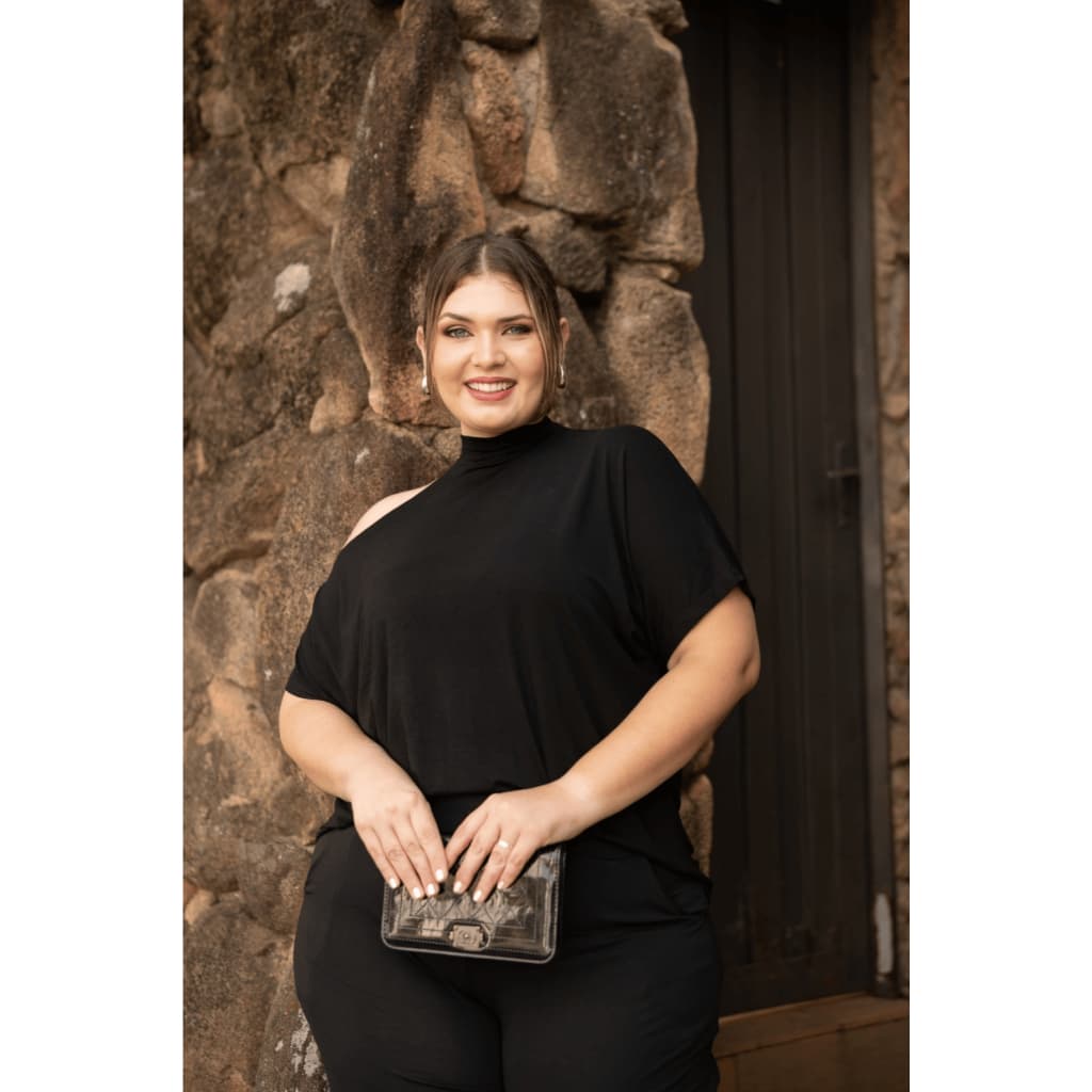 Conjunto Feminino Plus Size Calça Pantalona W com Bolsos e Faixa mais  Blusa Choker GG ao G4