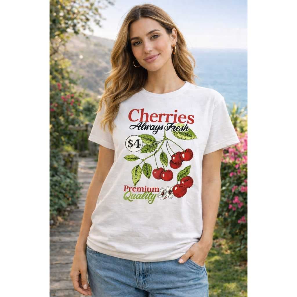 Camiseta Feminina Cerejas 100% Algodão Estampada