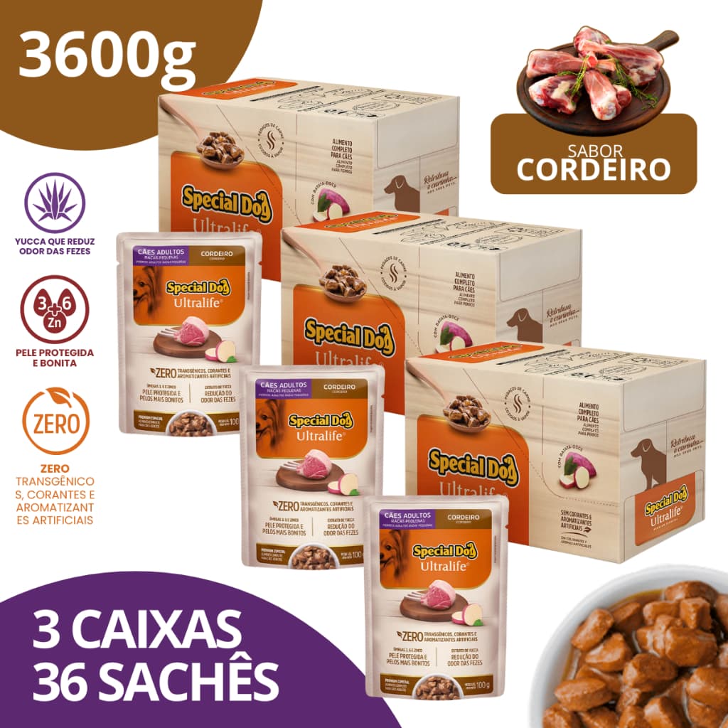 Kit 3 Caixa Sachê Adultos Raças Pequenas Sabor Cordeiro 100g - Special Dog Ultralife