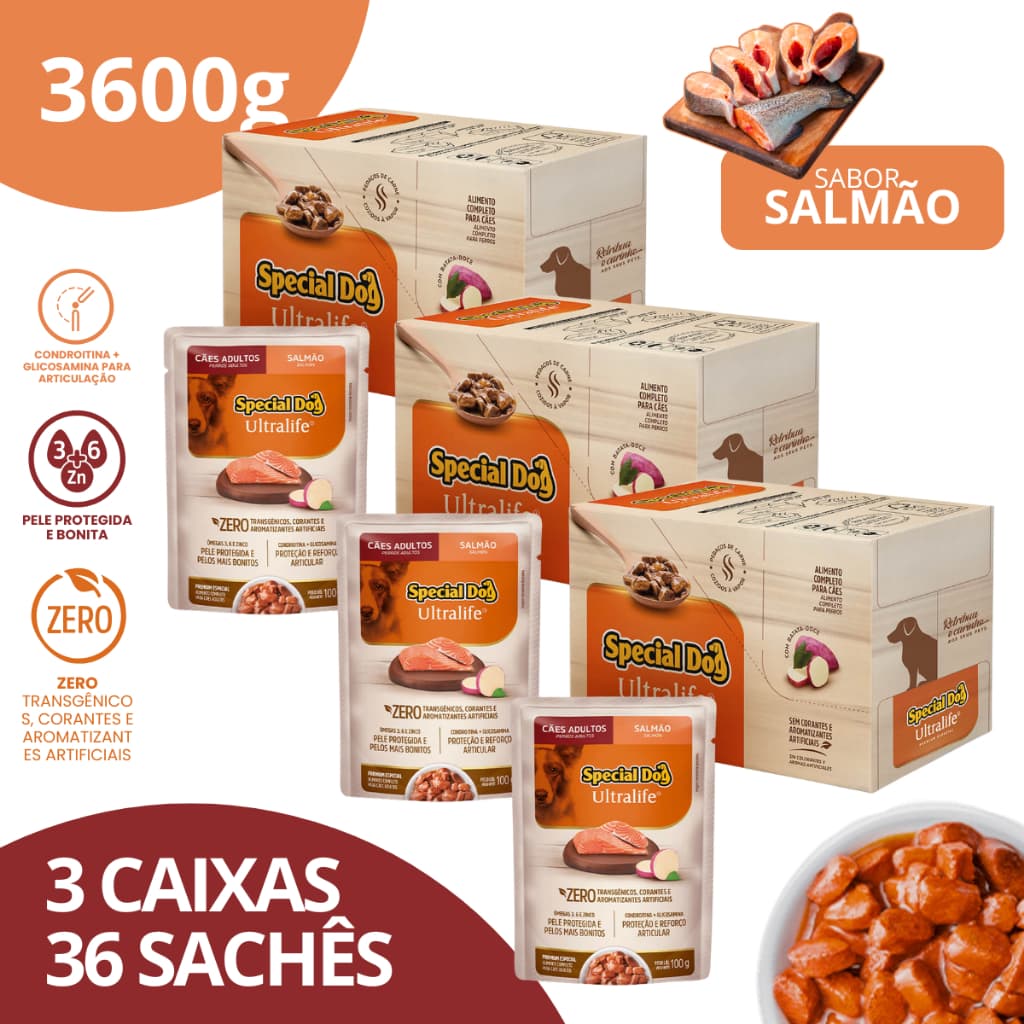 Kit 3 Caixa Sachê Adultos Sabor Salmão 100g - Special Dog Ultralife