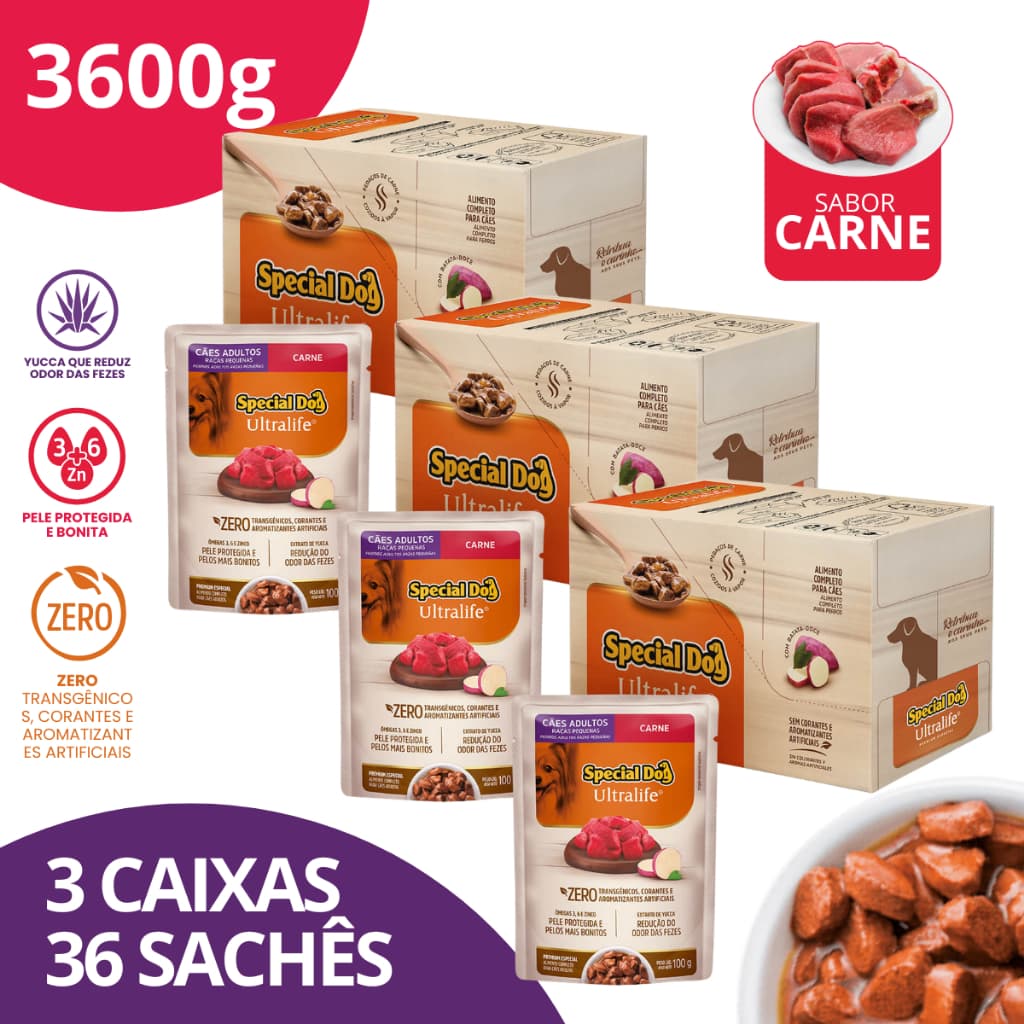 Kit 3 Caixa Sachê Adultos Raças Pequenas Sabor Carne 100g - Special Dog Ultralife