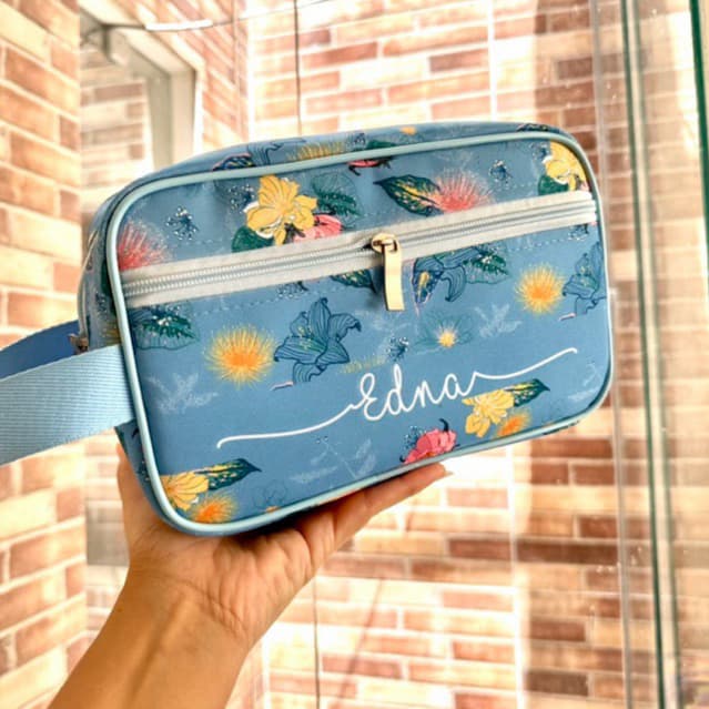 Necessaire grande G personalizada com nome bolso frontal make trabalho dia a dia organização floral