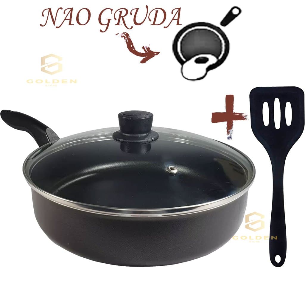 Frigideira Alta  Antiaderente Teflon 18 cm Cor Cor Grafite com Tampa de Vidro e Espátula de Nylon
