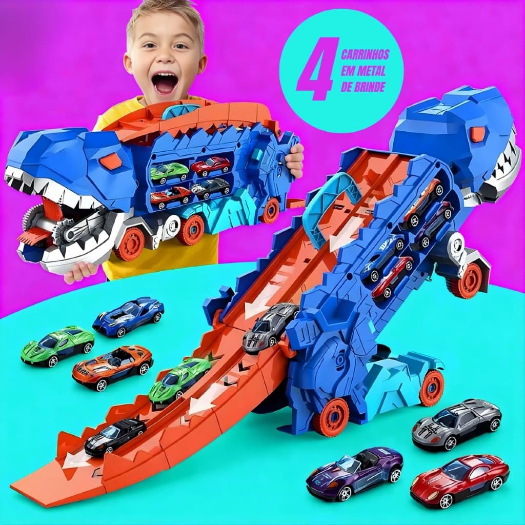 Caminhão Dinossauro que vira Rampa de disparar carrinhos + 4 carrinhos em metal hot corrida, t-rex, engole carrinhos