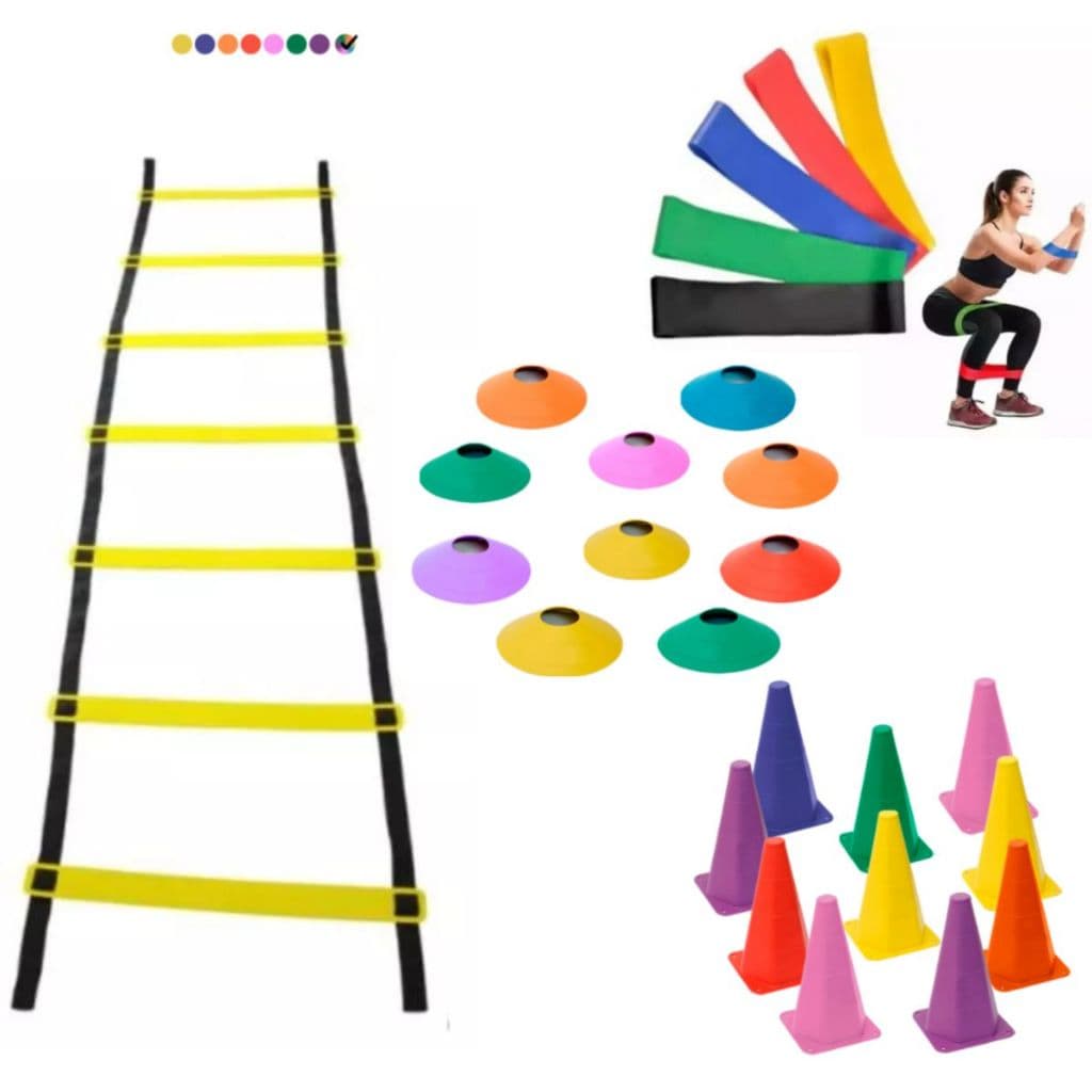 Kit Agilidade Treinamento Funcional 10 Cones 10 Pratos 1 Escada 7 Degraus Kit Elasticos 5 Mini Bands