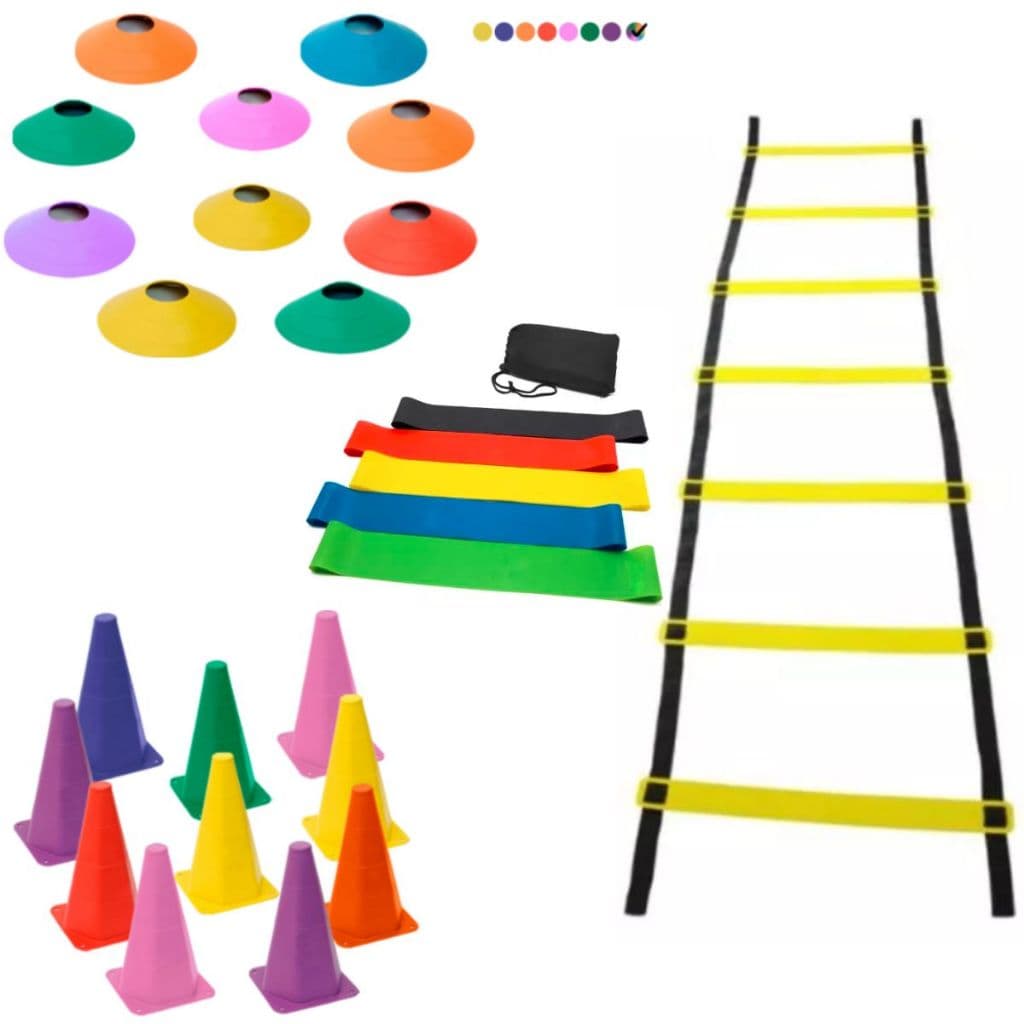 Kit Funcional Treino Agilidade 1 Escada 7 Degraus 10 Cones 10 Chápeus + Kit Elasticos 5 Mini Bands