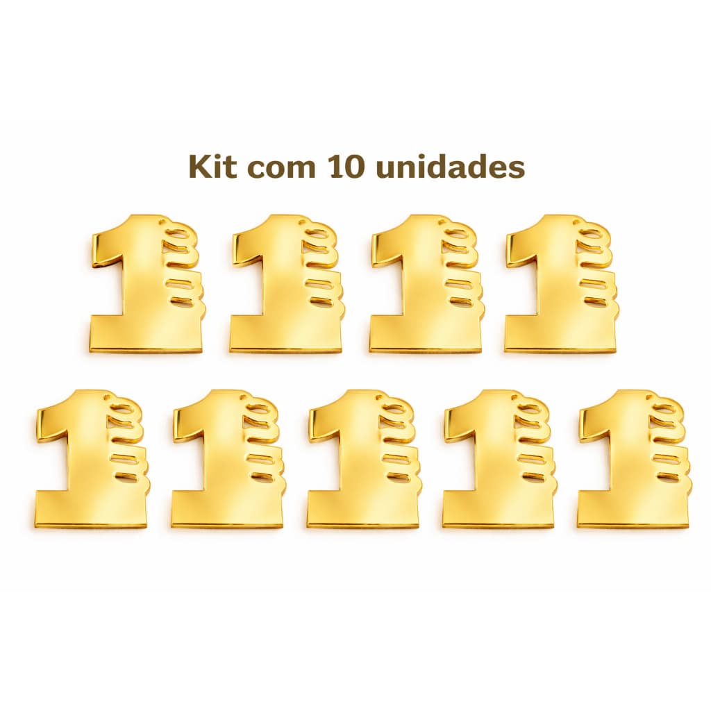 Kit 10 Apliques Número 1 Ano Acrílico Dourado Espelhado 4cm – Lembrancinha Festa Infantil