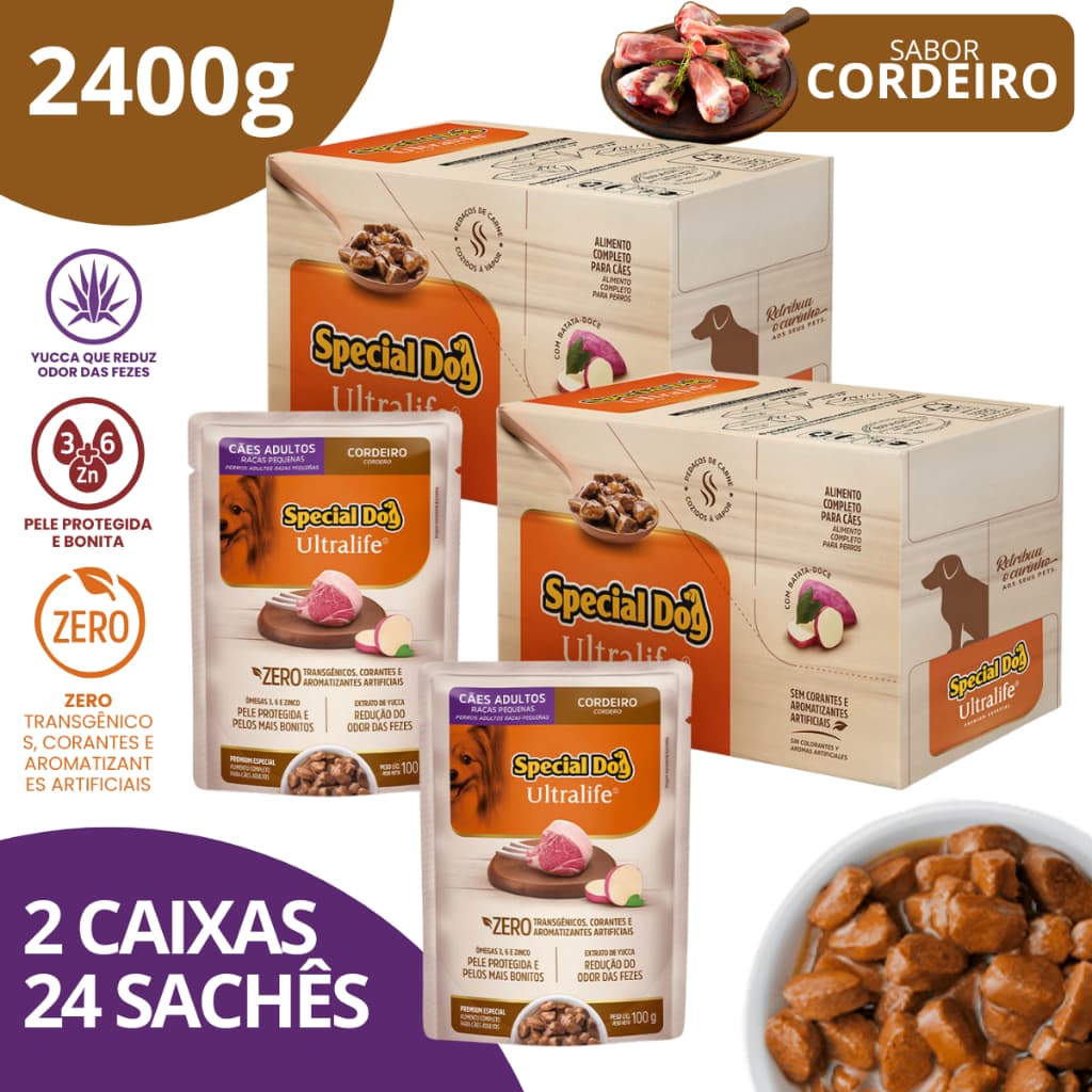 Kit 2 Caixa Sachê Adultos Raças Pequenas Sabor Cordeiro 100g - Special Dog Ultralife