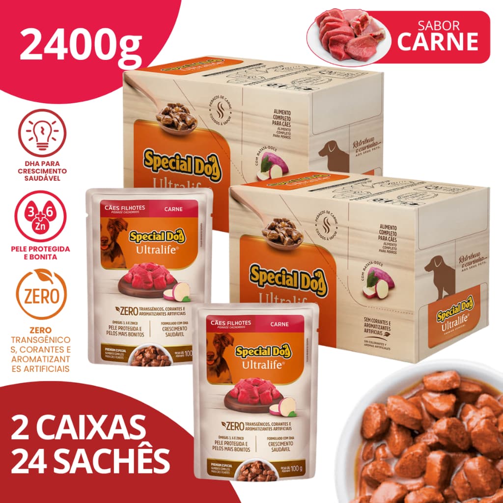 Kit 2 Caixa Sachê Filhotes Sabor Carne 100g - Special Dog Ultralife