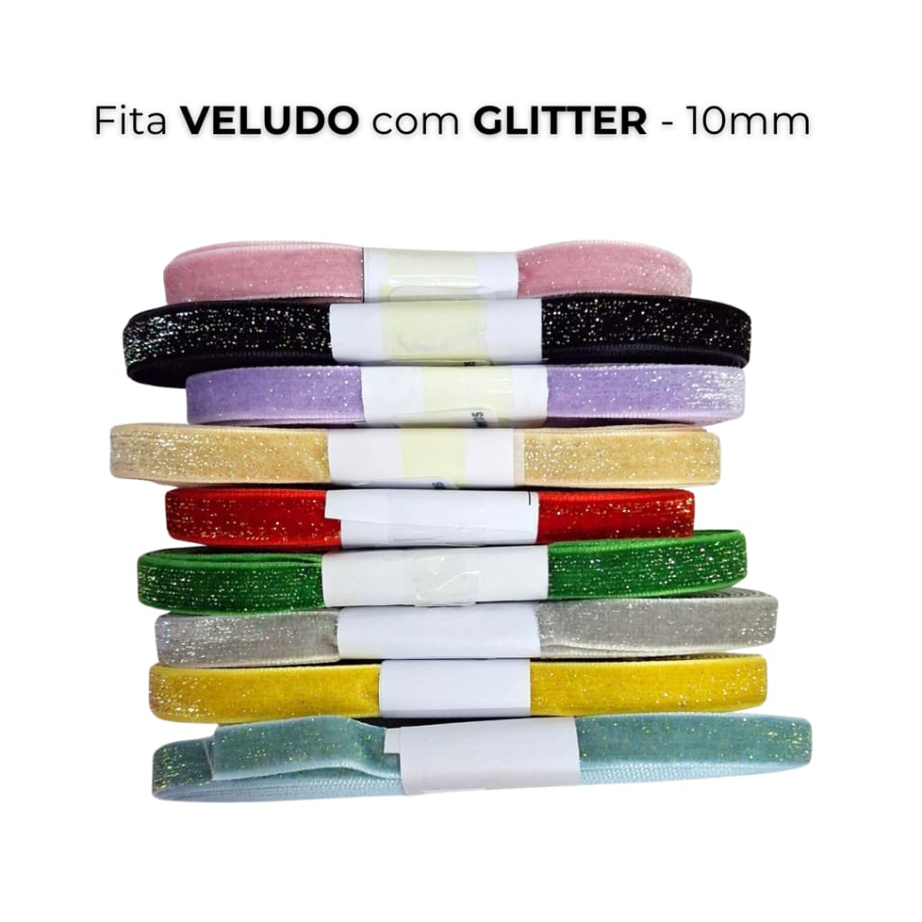 Fita Veludo com Glitter 10mm (5 Metros) para Laços e Tiaras de Luxo