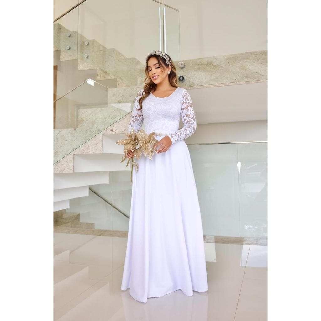 Vestido Luxo, Blusa na Renda de Poliamida,Saia na Malha Piquet/Para Noivas