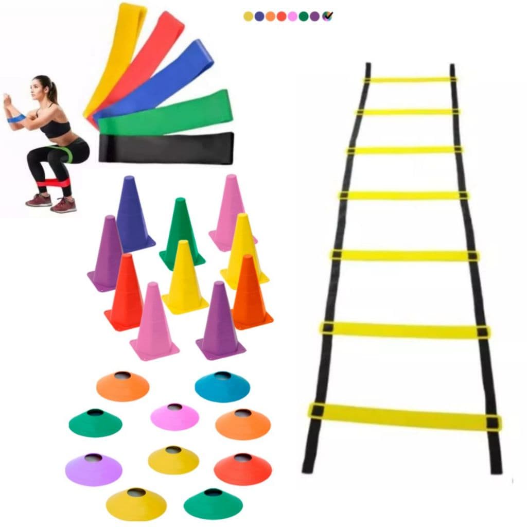 Kit Agilidade Funcional 1 Escada 7 Degraus 10 Cones 10 Pratos Kit 5 Faixas Mini Bands Treino em Casa