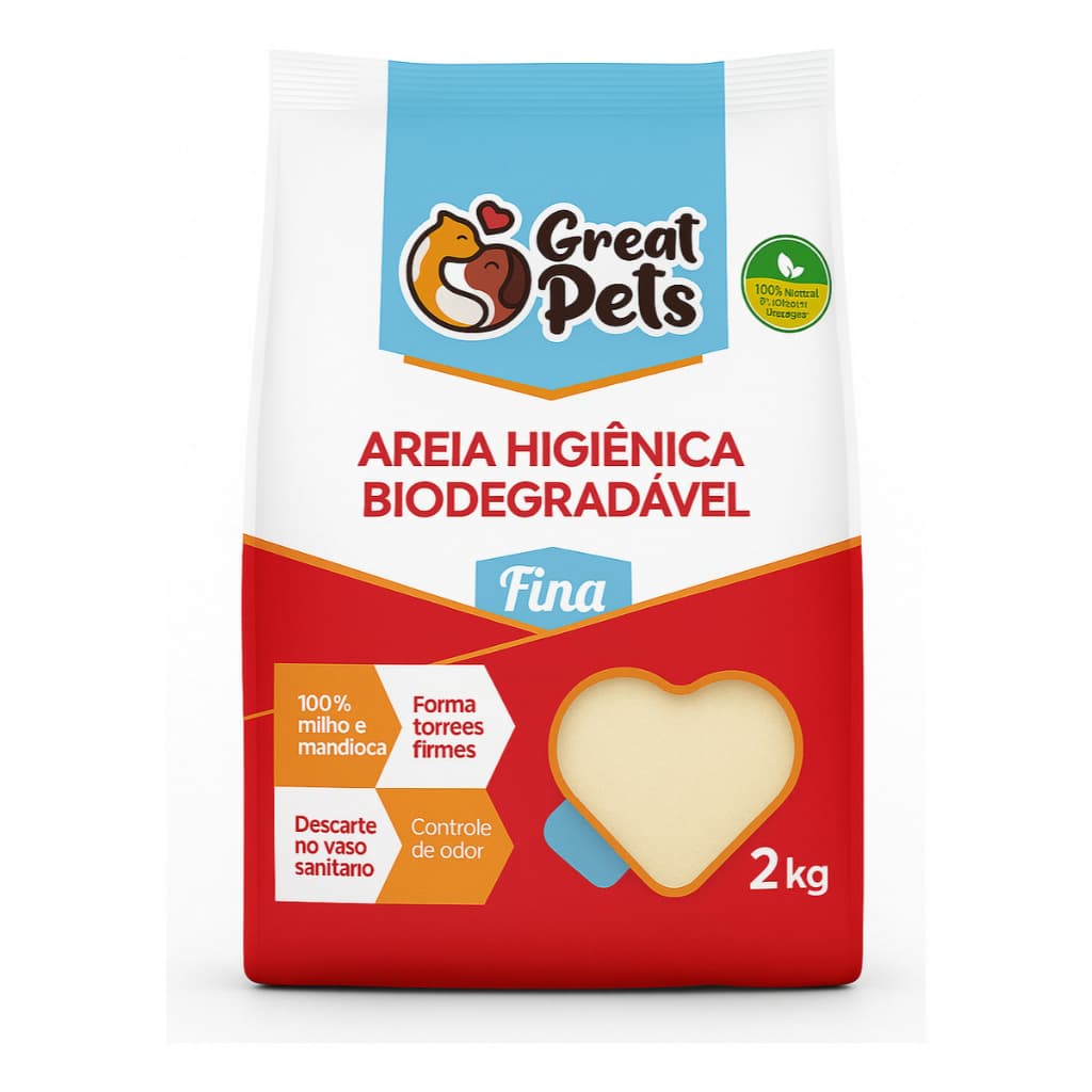 Areia Higiênica Gatos Great Pets 2kg Fina Biodegradável Milho Mandioca Alta Absorção Anti Odor Para Gatos