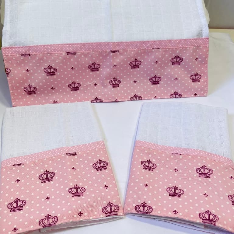 Kit 3 Fraldas de boca babete  Menina Realeza Rosa 100% Algodão Premium  Macias  com bainha