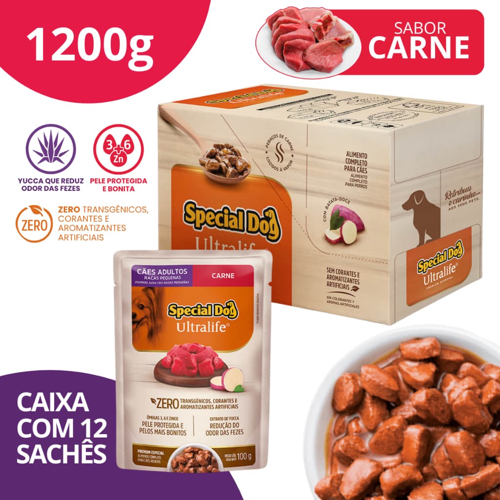 Caixa Sachê Adultos Raças Pequenas Sabor Carne 100g - Special Dog Ultralife