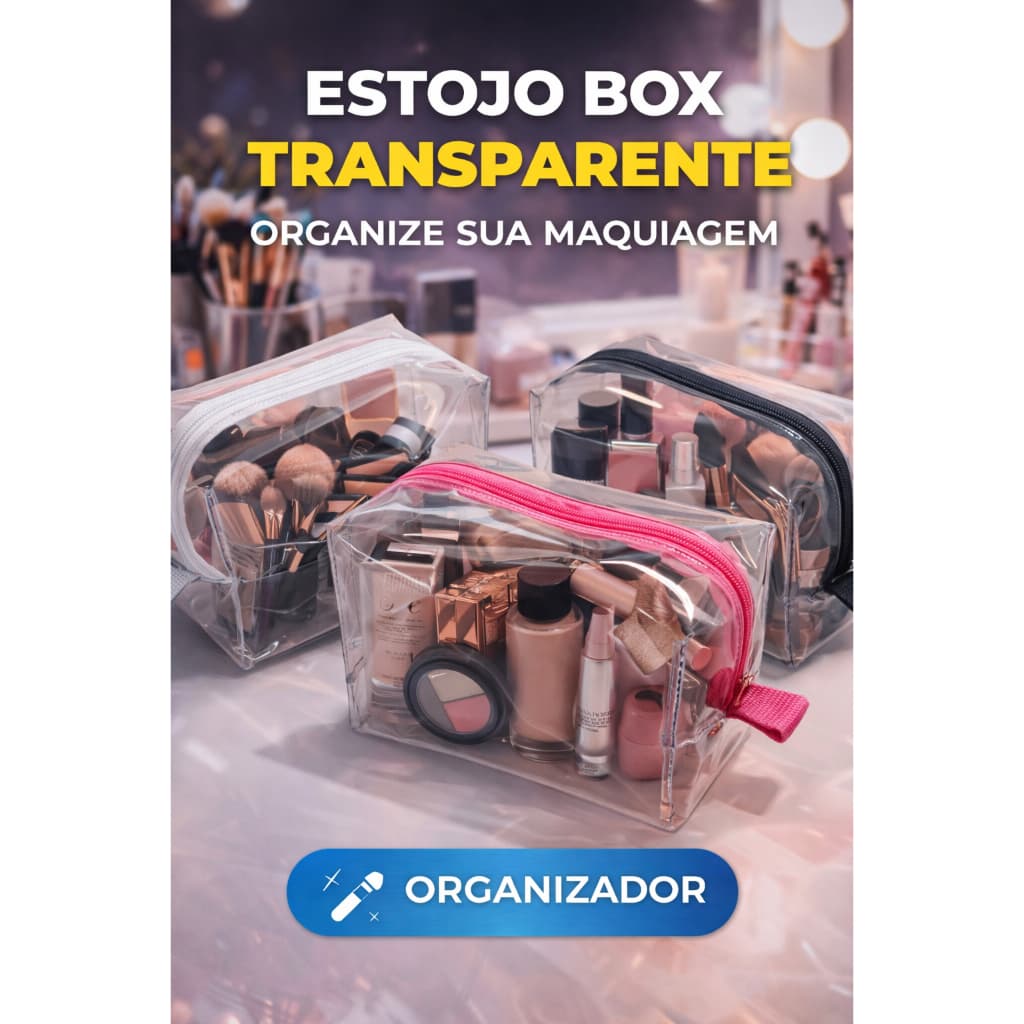 Nécessaire Estojo Box Cristal Transparente Porta Maquiagem com Zíper