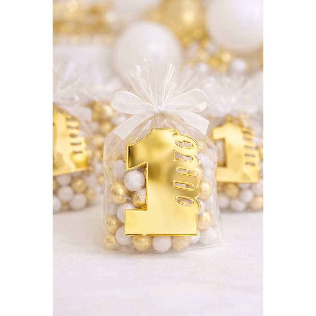 Kit 25 Apliques Número 1 Ano Acrílico Dourado Espelhado 4cm – Lembrancinha Festa Infantil
