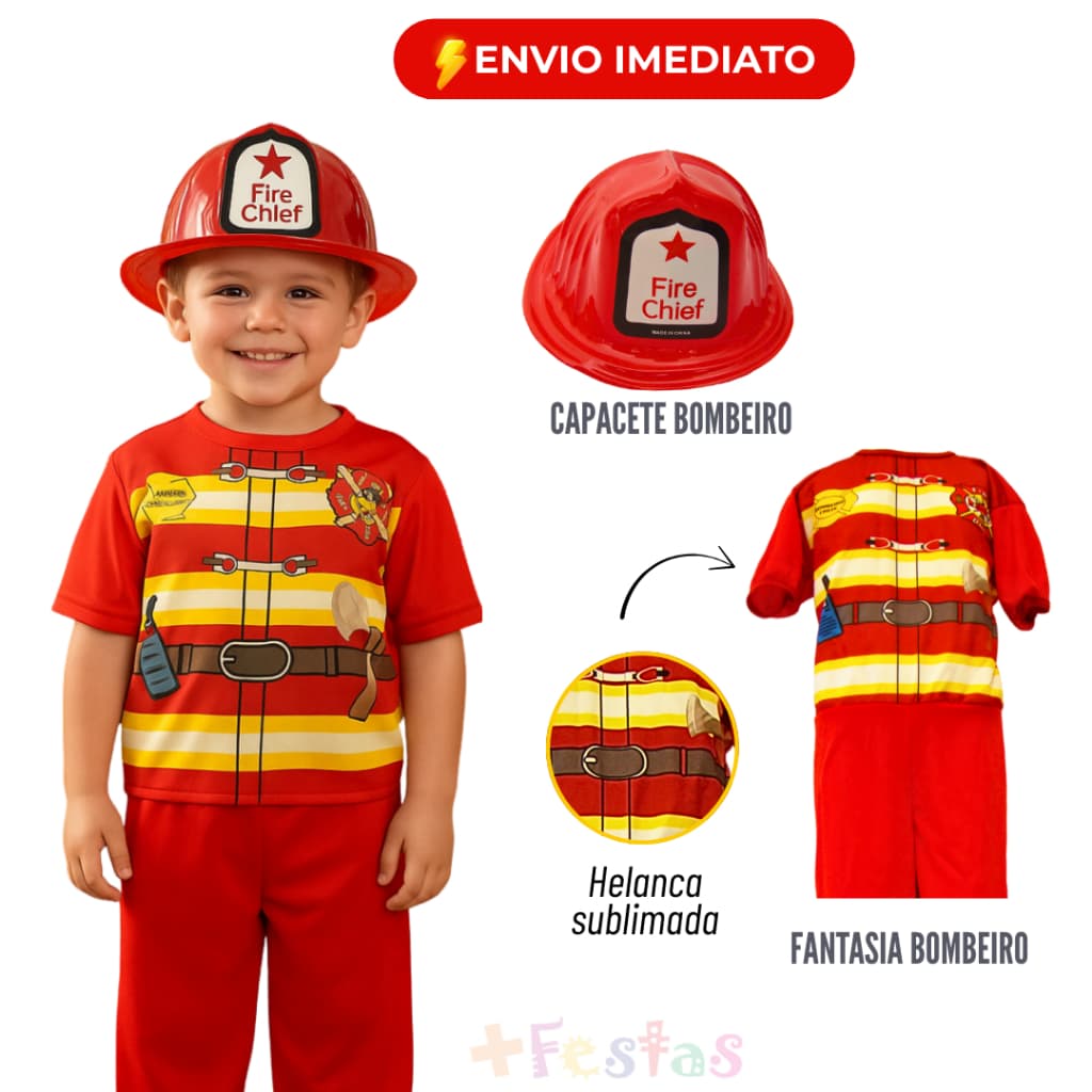Fantasia Infantil Menino Bombeiro - Monte Seu Kit Macacão + Capacete