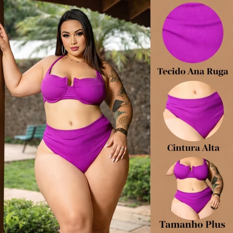 Conjunto De BiquÍni Plus Size Meia Taça com Cintura Alta Amarrações Ajustáveis tecido Ana Ruga