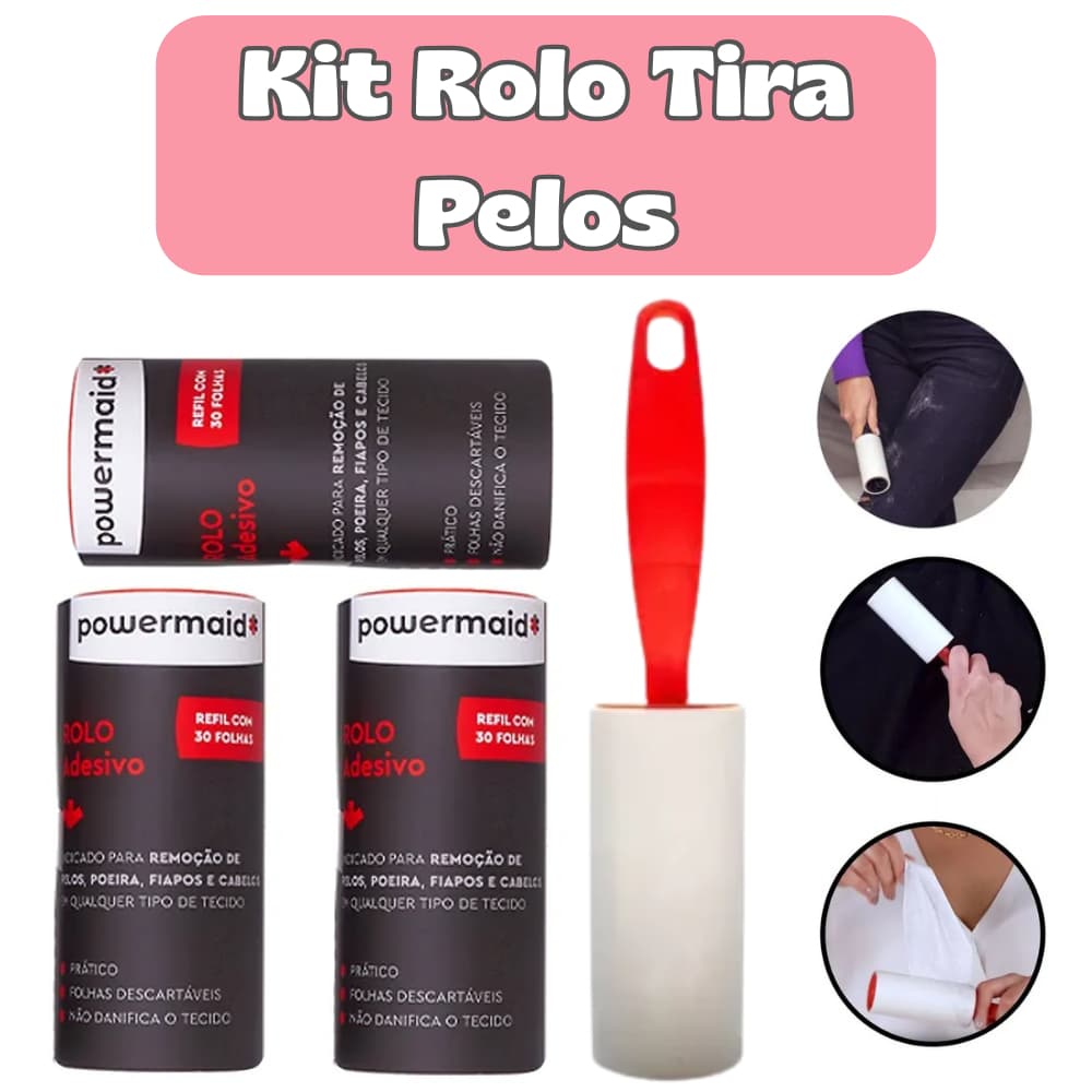 Kit Rolo Tira Pelos + Refil Powermaid Original | Remove Pelos, Fiapos e Poeira | Uso Profissional e Doméstico