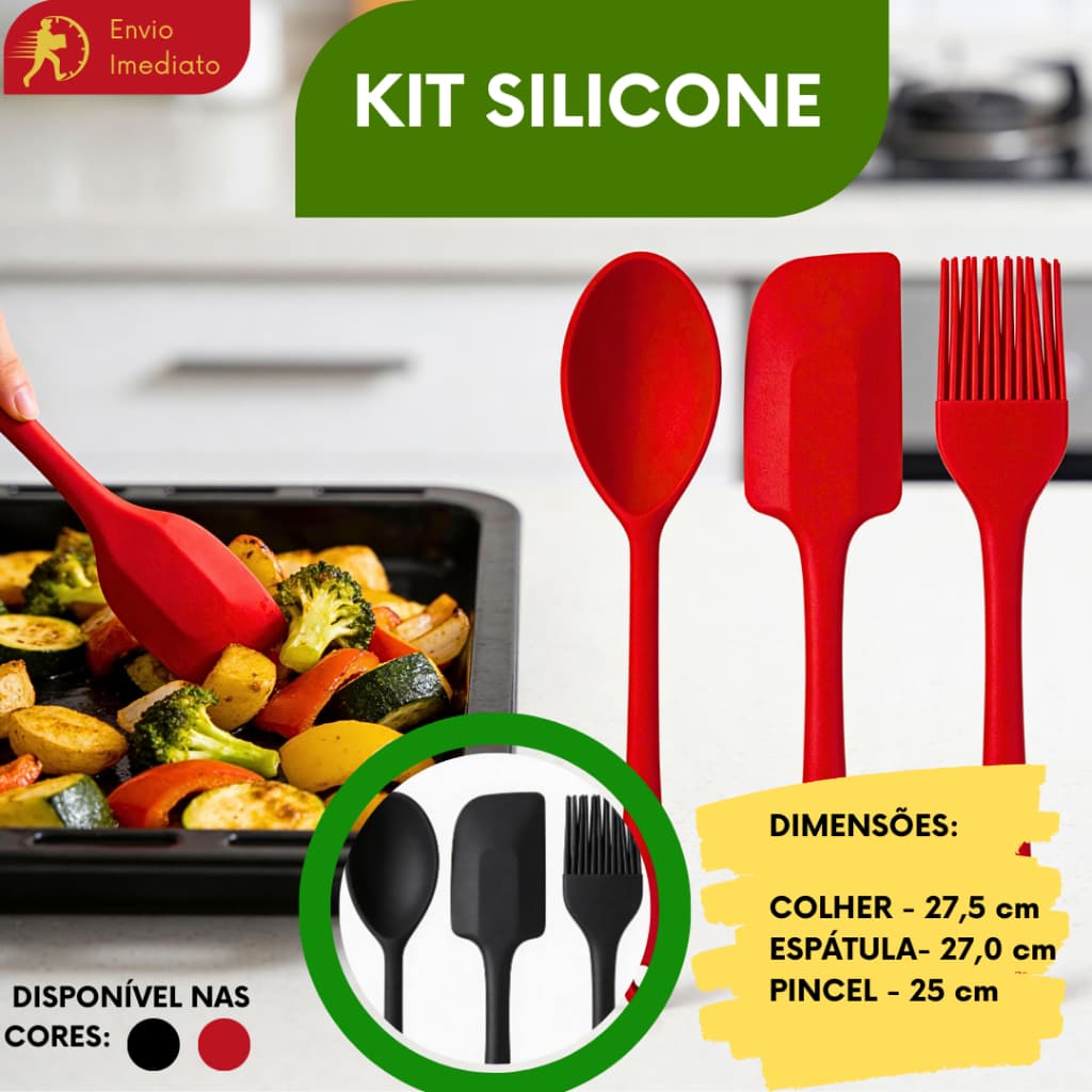 KIT(3/6/9) 3 Utensílios de Silicone Para Cozinha (Colher + Espátula + Pincel) Não Risca a Panela e Não Derrete