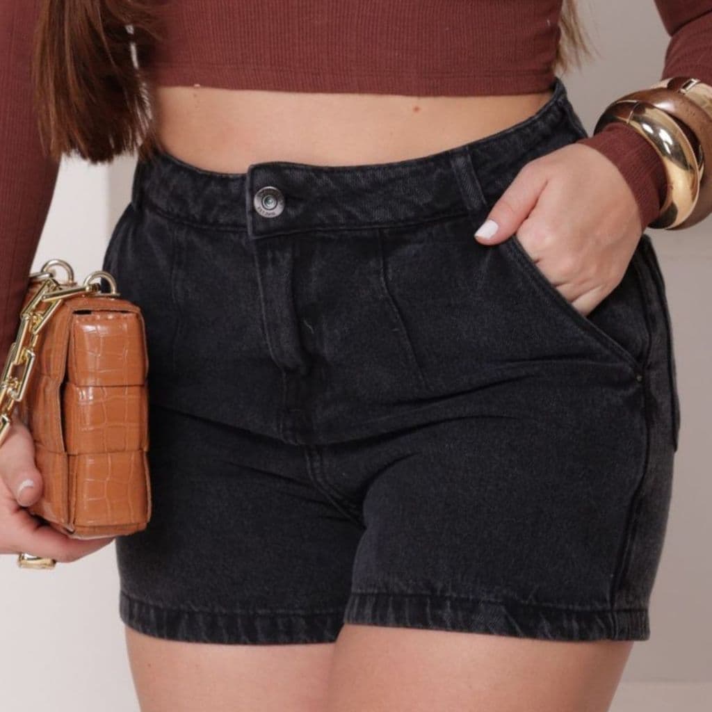 Short Feminino Mom Jeans Baggy Marmorizado  Bolsos Barra dobrada