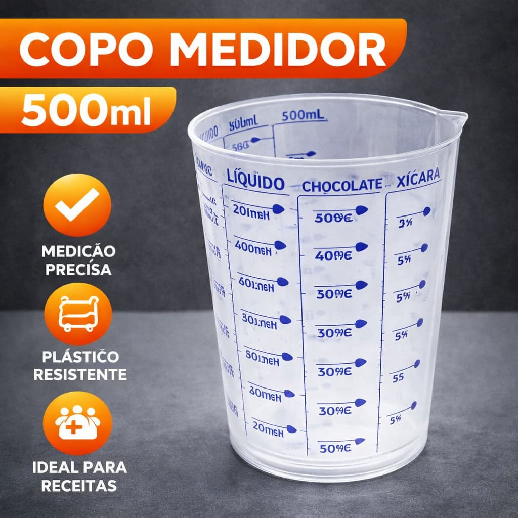 Copo Medidor Plástico 500ml – Medidas em ML, Gramas e Xícaras – Uso Doméstico e Profissional