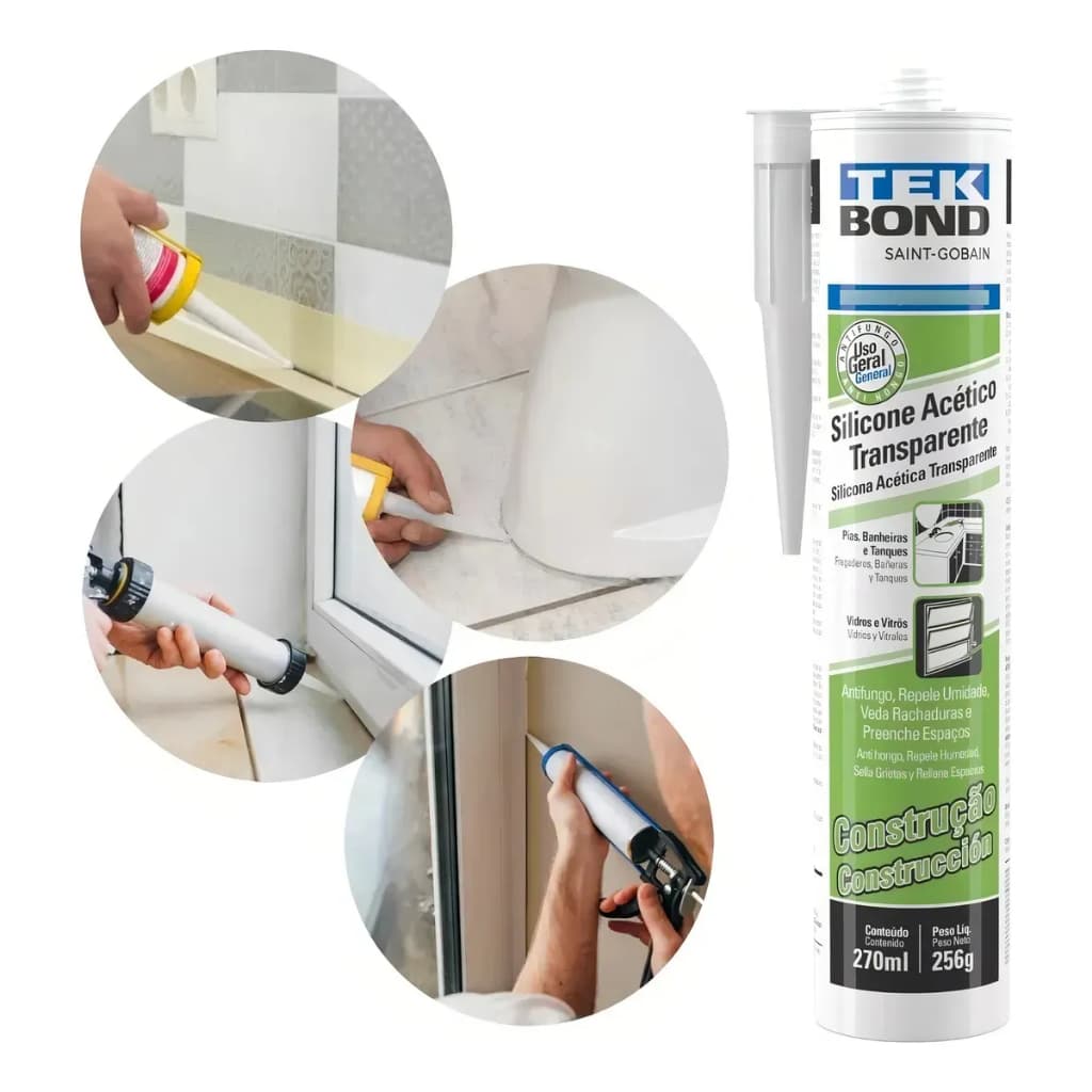 Silicone Acético Construção Tekbond Transparente 256g/270ml Ideal para Banheiro, Cozinha e Vidros
