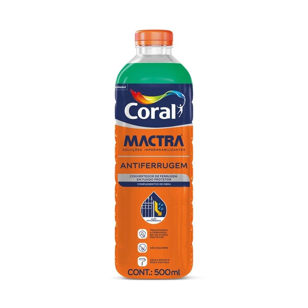 AntiFerrugem Primer Mactra 500ml Coral Convertedor de Ferrugem e Fundo Protetor Fácil Aplicação