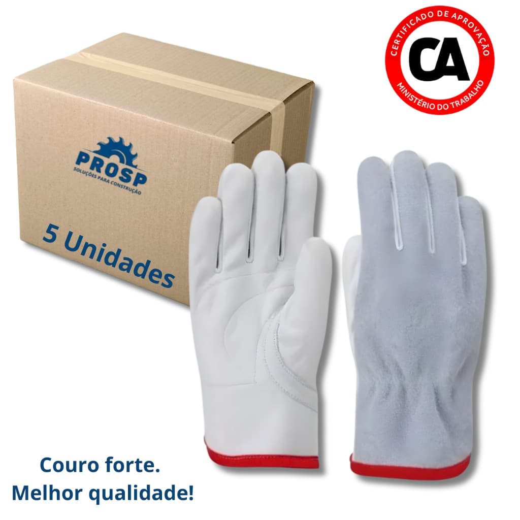 Kit 5 Luvas de Segurança Vaqueta Mista Raspa Petroleira Punho 7cm