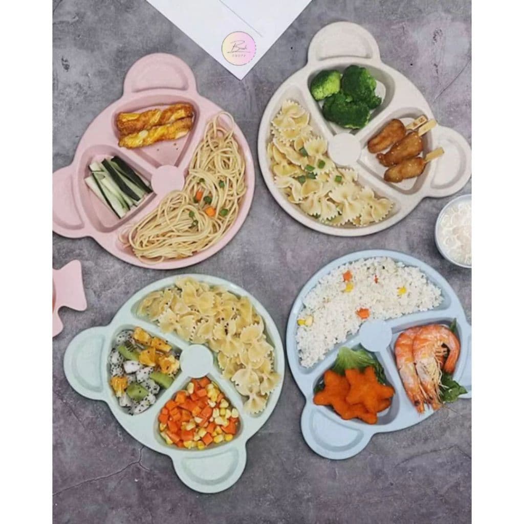 Kit Prato Infantil Urso com 3 Divisórias e Talheres | Alimentação Bebê BLW |Prato para Criança Color