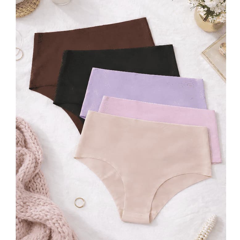 Kit 5 Calcinhas Sem Costura Cintura Alta Cós 12cm Tanga Corte a Laser Poliamida Lisa Não Marca