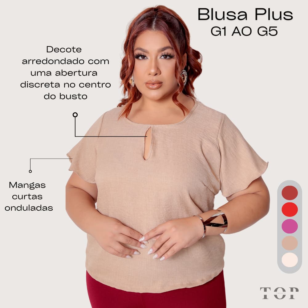 Blusa Feminina Plus Size com Abertura Frontal Manga Godê G1 a G5