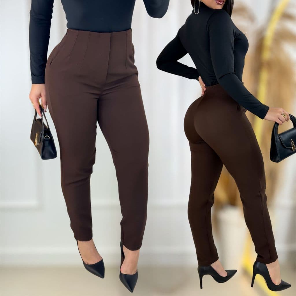 Calça Feminina Social Alfaiataria Skinny Cintura Alta Elegante Casual Com Zíper Lateral Blogueira