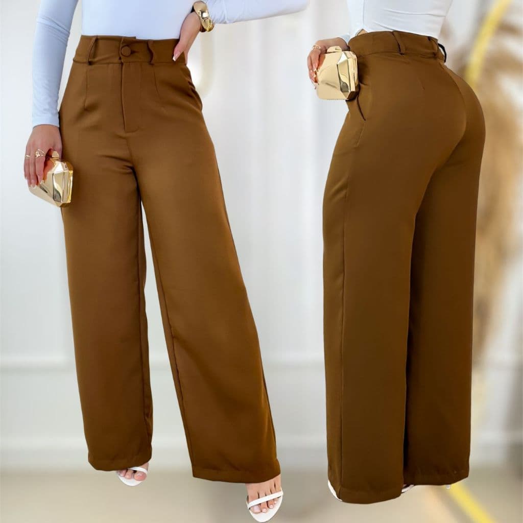 Calça Pantalona Feminina Alfaiataria Com Botão Elegante Casual Blogueira Wide Leg Social