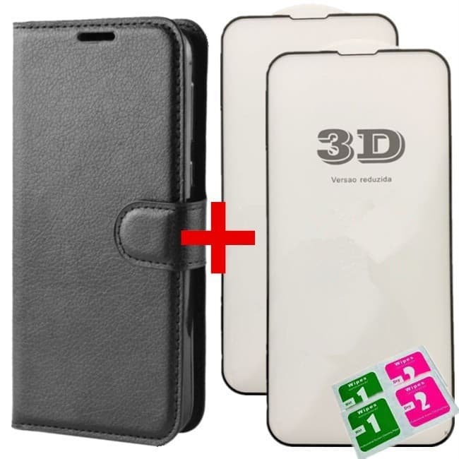 Kit Capa Capinha Carteira Flip + 2 Película de vidro 3D Para Motorola G04 G14 G24 G34 G54 G84