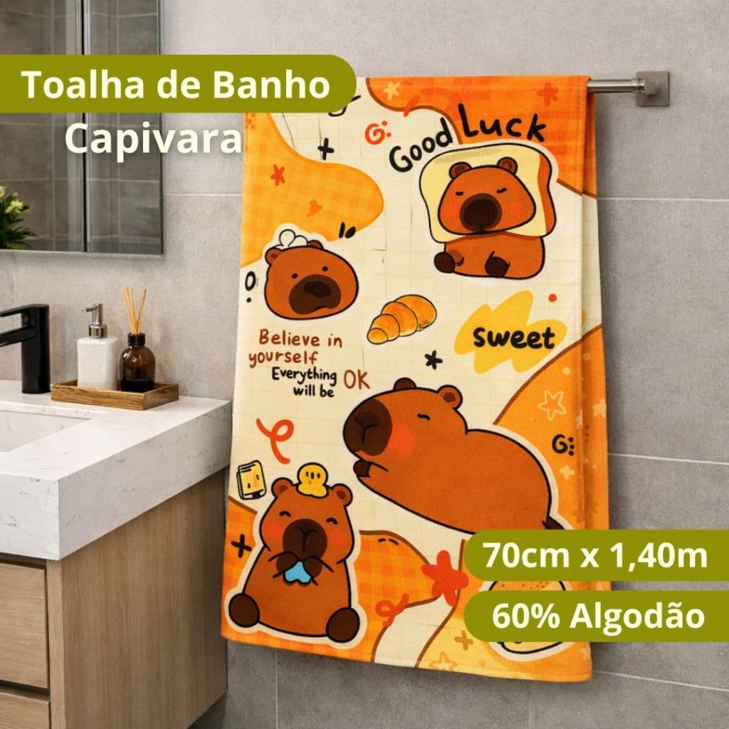 Toalha de Banho 70cm x 1,40cm Estampa Capivara Infantil Divertida Felpuda