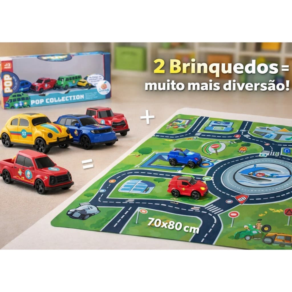 Kit Diversão: 6 Carrinhos + Tapete de Pista  70x80 cm com Sinalizações