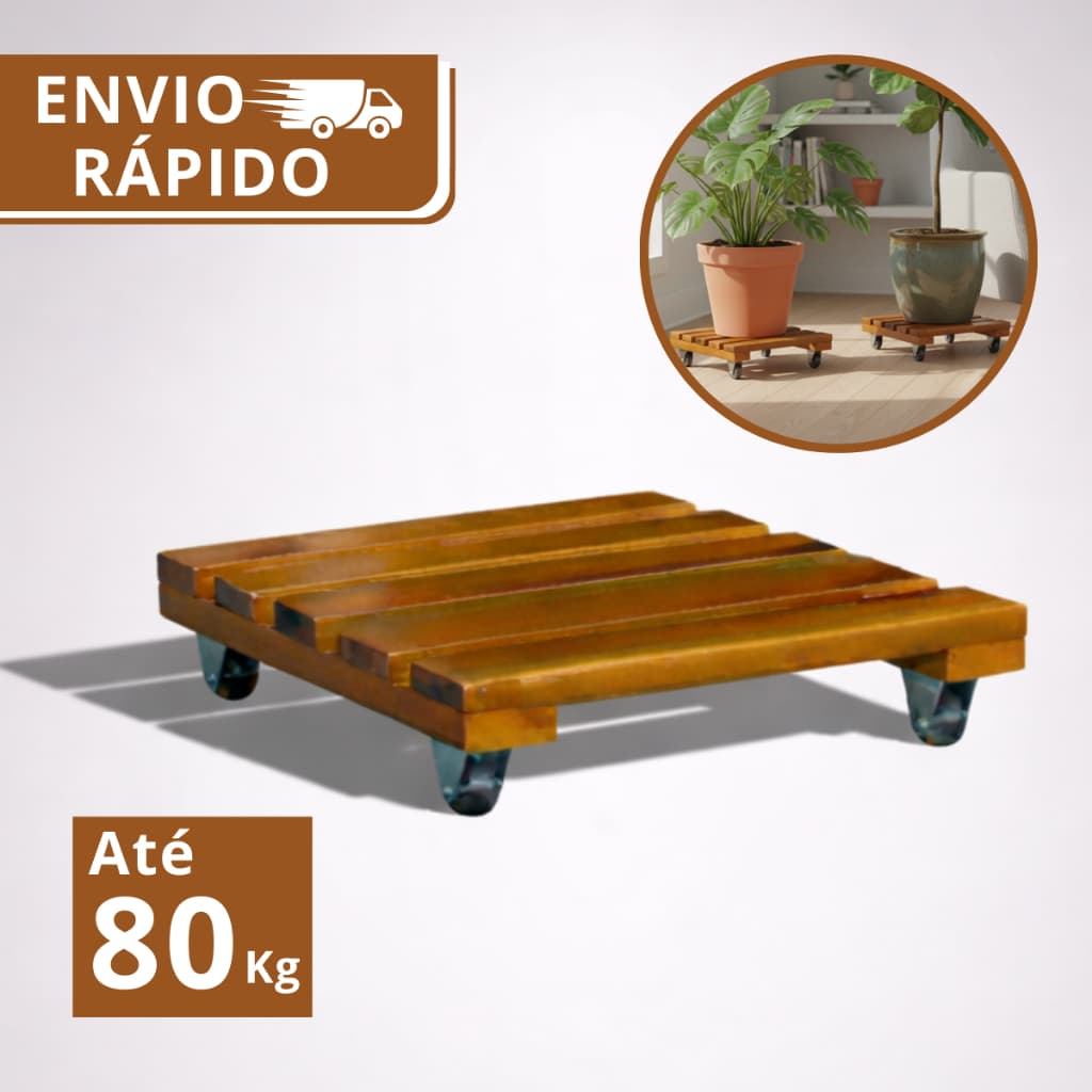 Suporte Quadrado Madeira Com Rodinhas Para Botijão Ou Vaso De Planta 30CM  Suporta Até 80 kg
