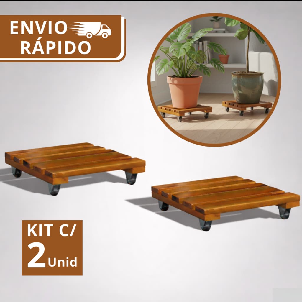 Kit 2 Suportes Quadrado Madeira Com Rodinhas Para Botijão Ou Vaso De Planta 30CM  Suporta Até 80 kg