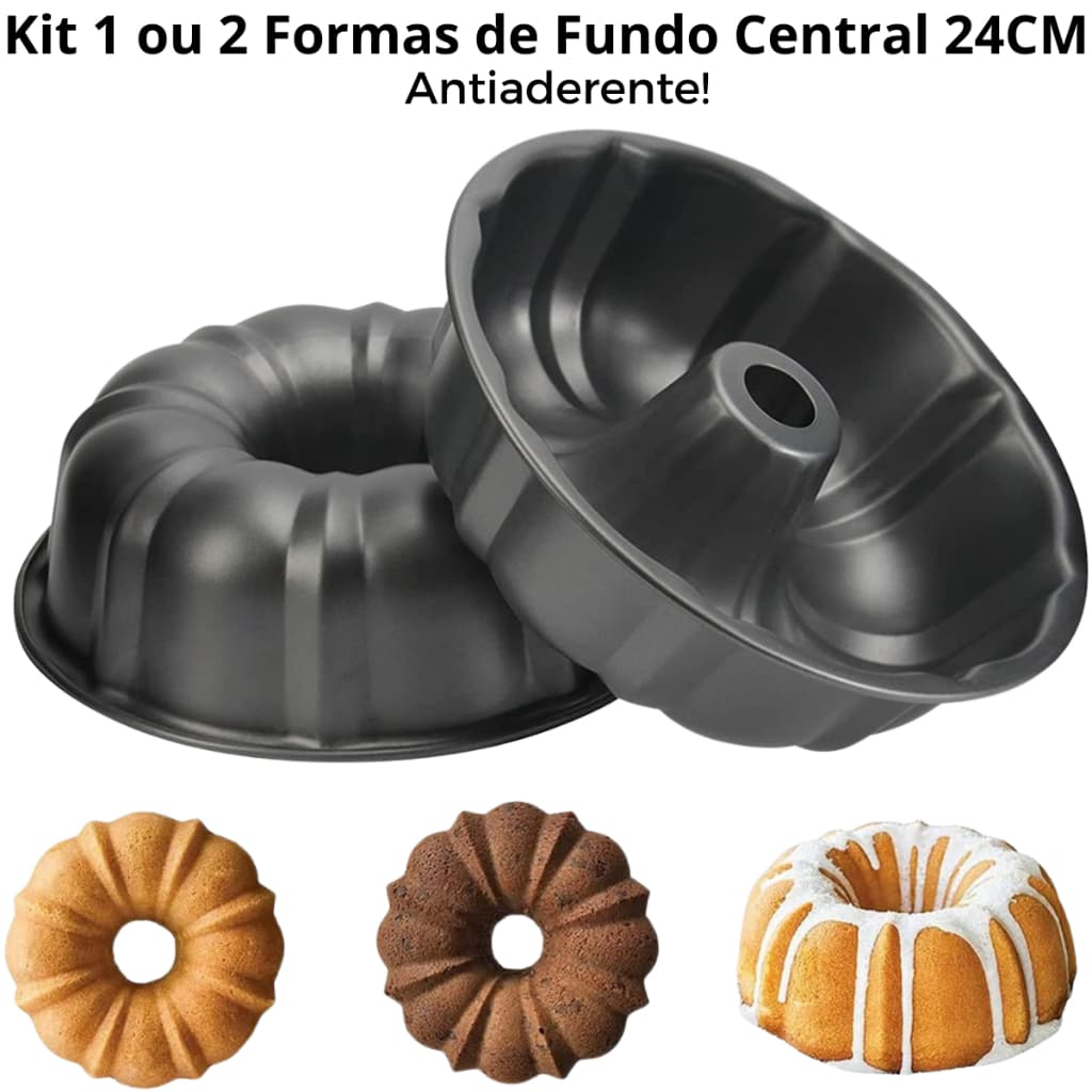 Kit 1 ou 2 Formas Assadeiras de Furo Central com 24 cm Para Bolo Pudim Redonda Antiaderente