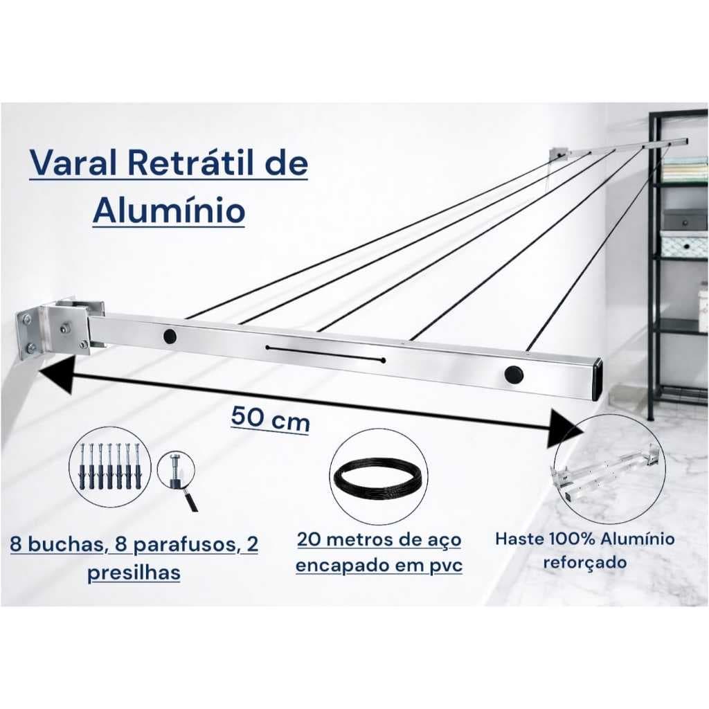 Varal Retrátil de Alumínio Inoxidavel para Parede Suporta até 80 KG - Kit Completo