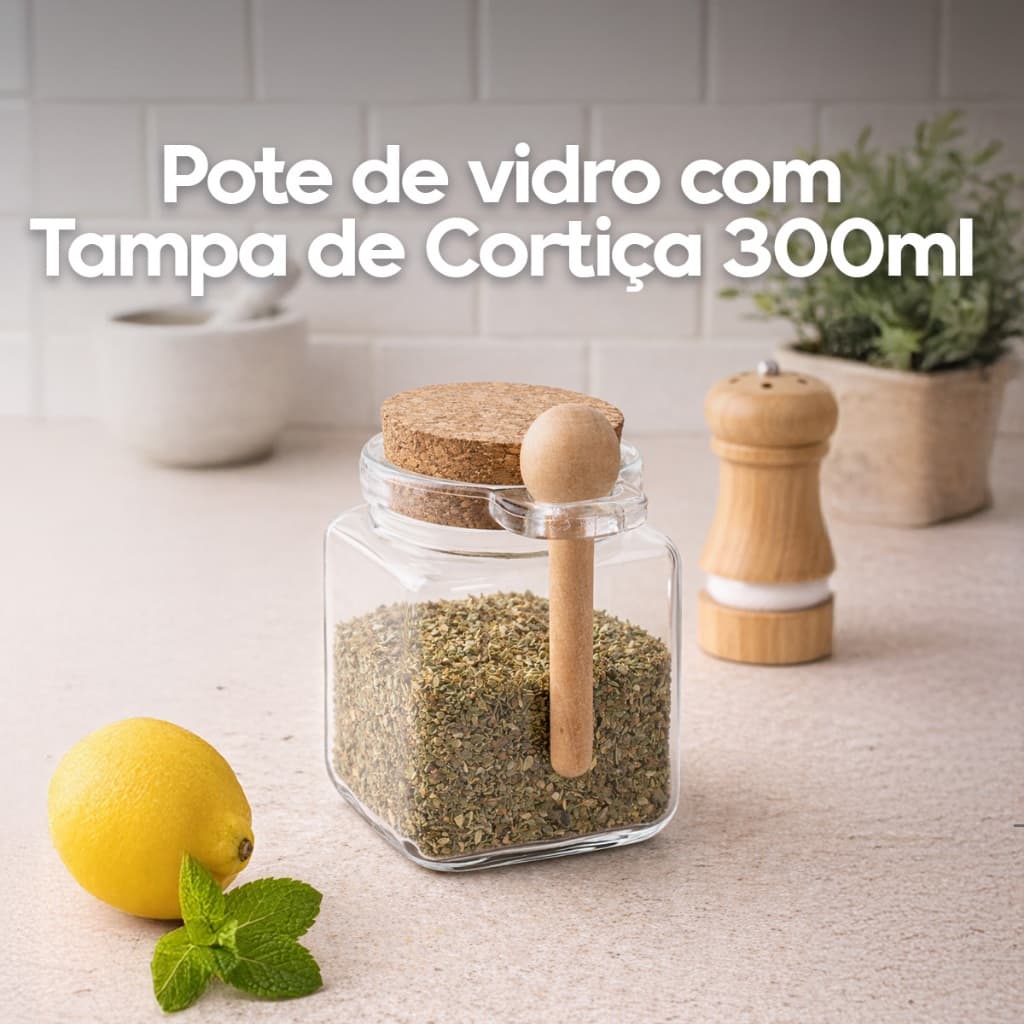 Pote De Tempero Vidro 310ml Tampa Cortiça Rolha Colher Bambu Condimento