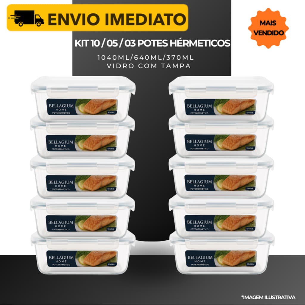 Kit 10/05/03 Potes Vidro Hermético Tampa 4 Travas Marmita Fit - 640ml 1040ml 370ml