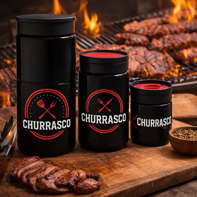 Kit Porta Tempero Churrasco Preto com Tampa Dosadora 3 Peças 160ml 350ml 540ml