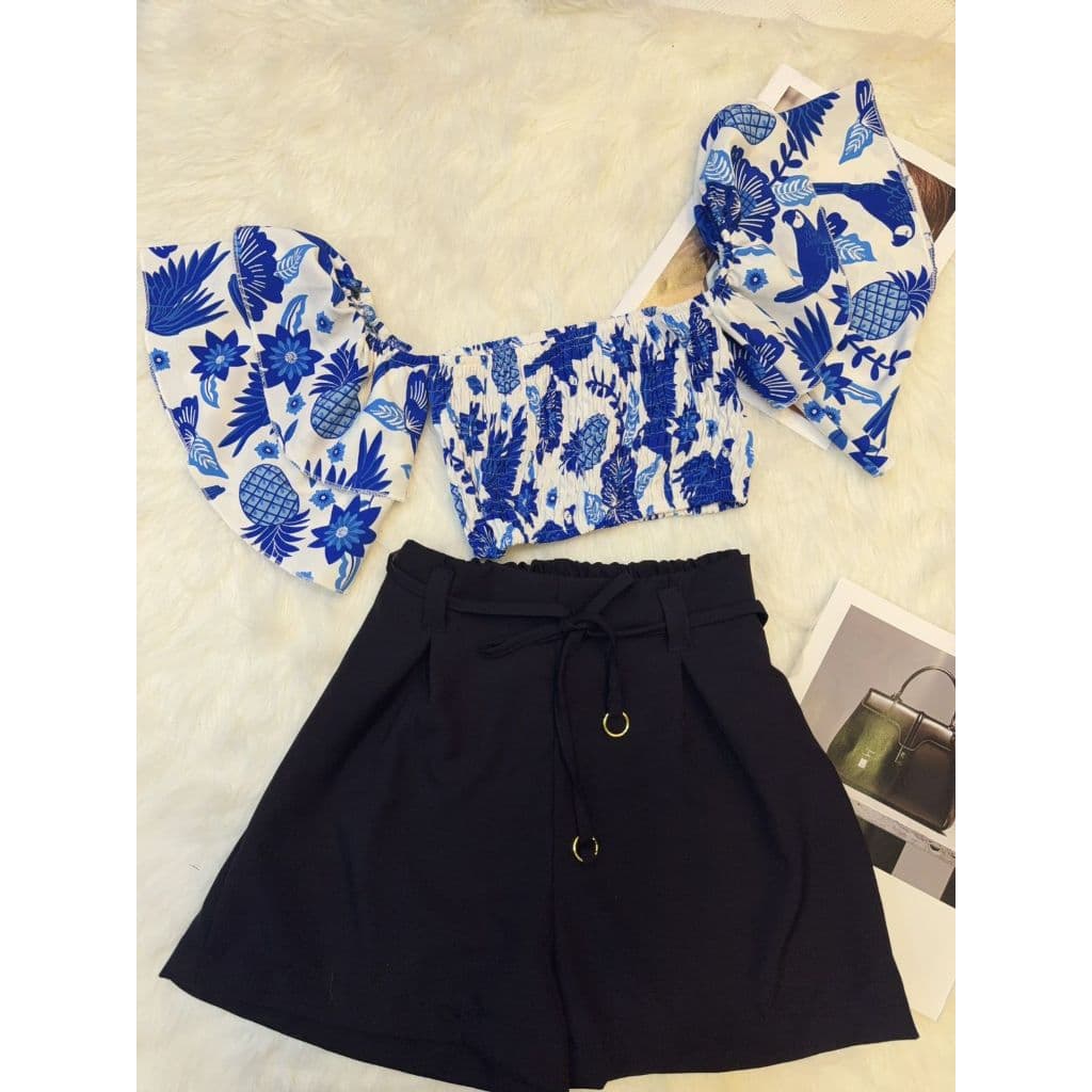 Conjunto Shorts e Blusinha Femininos Elegante Cropped Babado