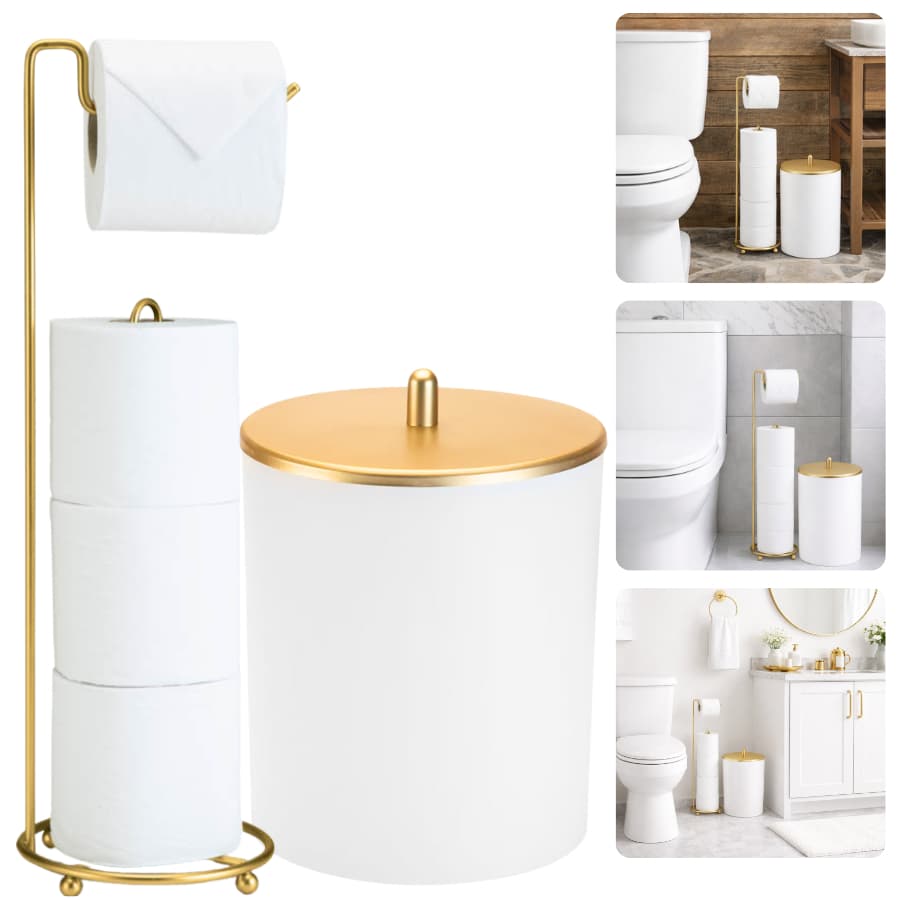 Kit Banheiro Lavabo Lixeira Porta Papel Higiênico Luxo Dourado Acessórios Lixinho Papeleira